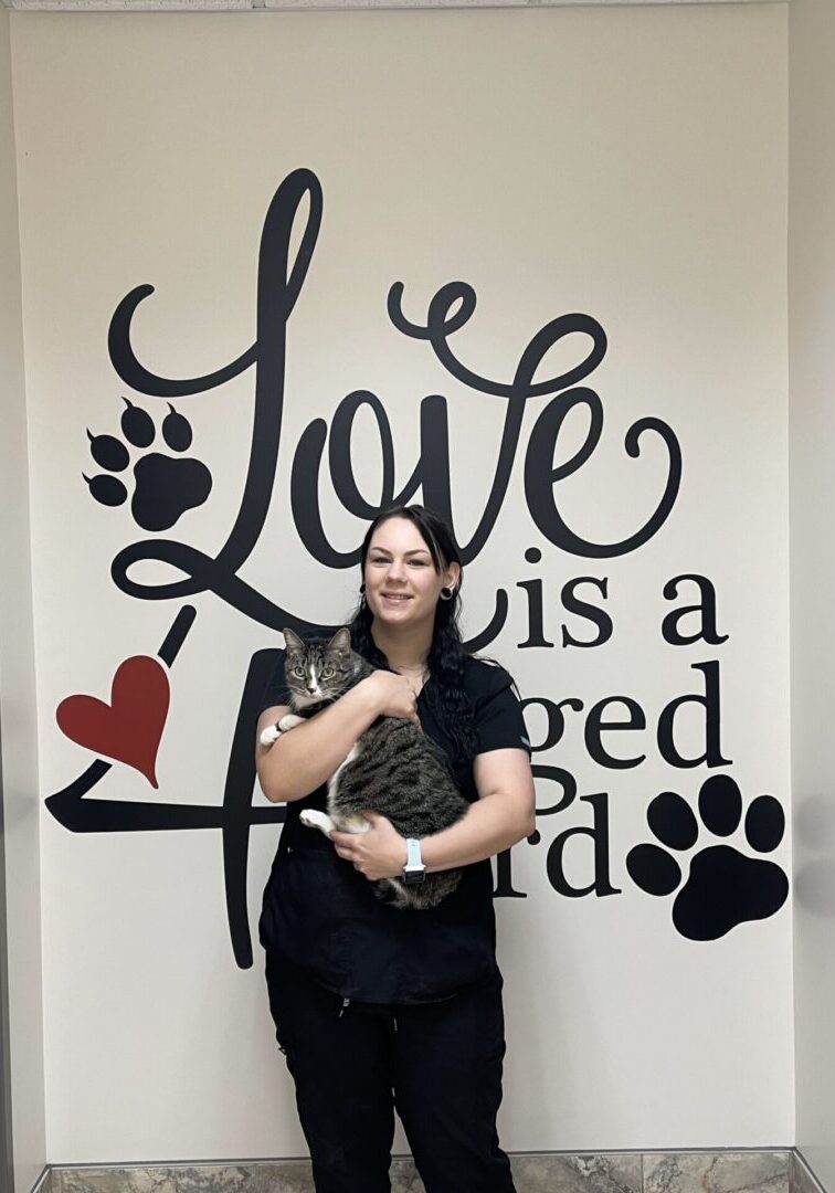 A woman holding a cat in front of a wall with words.