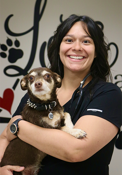 A woman holding a small dog in her arms.