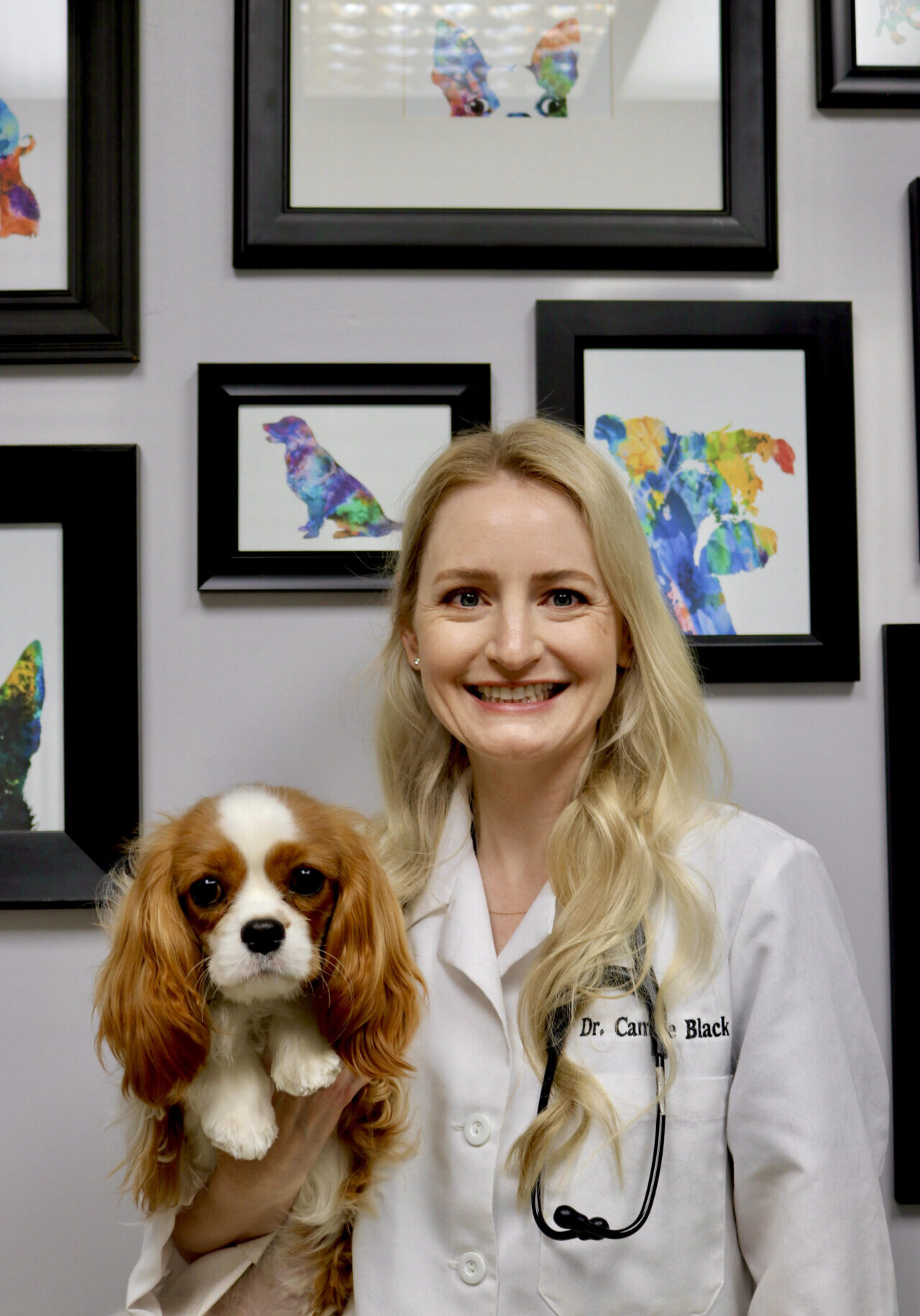 A woman standing next to a dog in front of some pictures.