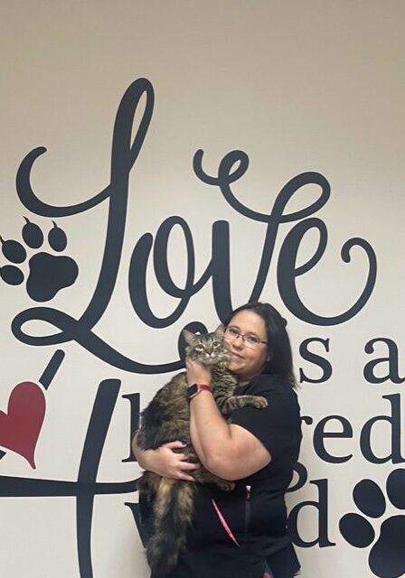 A woman holding a cat in front of a wall with lettering.