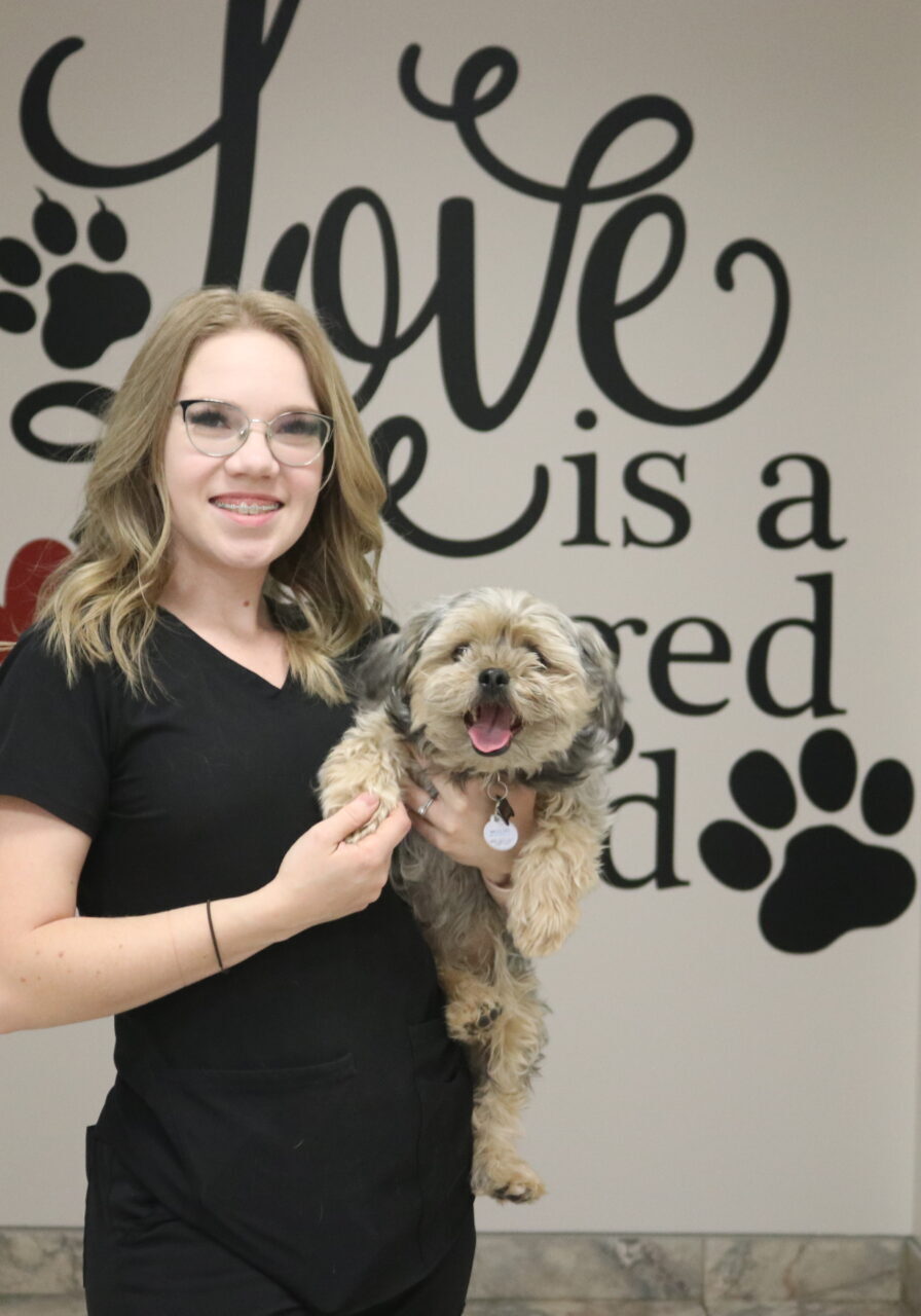 A woman holding a dog in her arms.